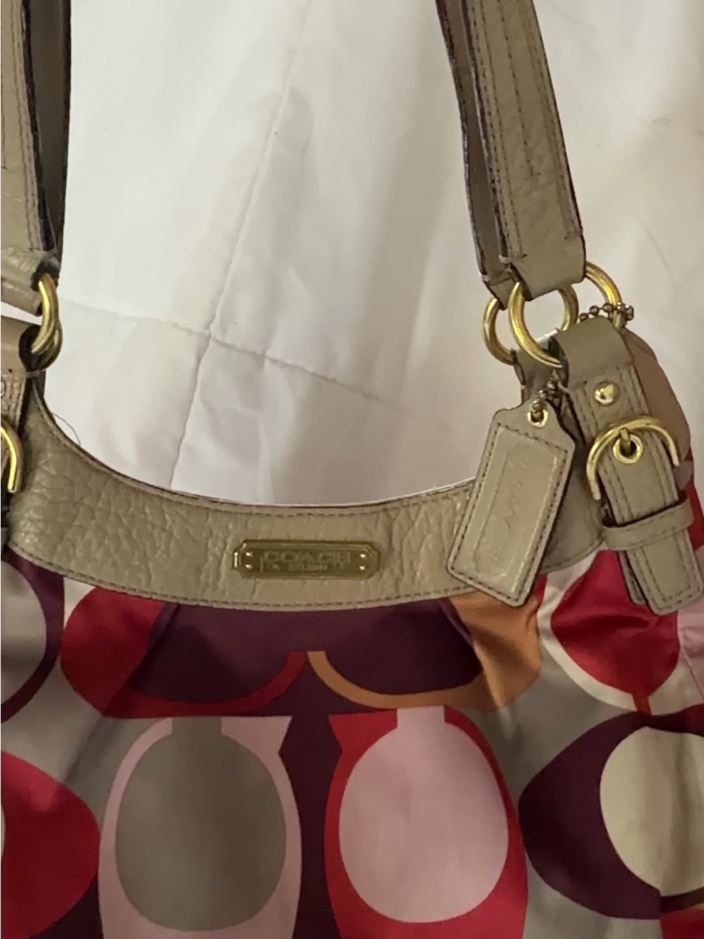 Coach Multicolor Signature Circle-Print Shoulder Bag with Beige Trim